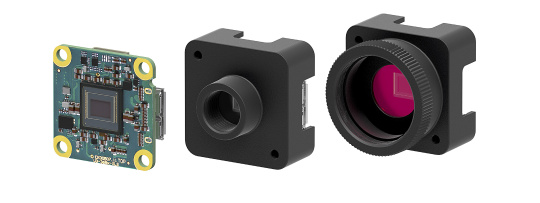 uEye XLS-E como variante de placa y con dos soportes de objetivo diferentes.