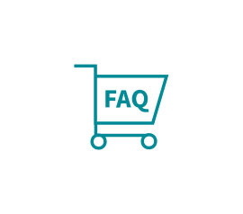 Gráfico vectorial de un símbolo de cesta de la compra con el texto «FAQ», que simboliza las preguntas más frecuentes sobre la tienda web.