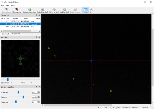 Captura de pantalla del Editor Hotpixel uEye