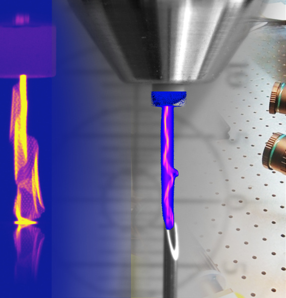 Montaje de descarga de plasma y montaje de laboratorio con cámaras IDS sobre una mesa óptica