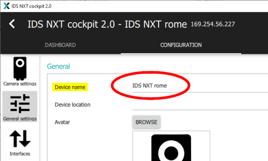 En los ajustes de Generel, el nombre del dispositivo IDS NXT rome aparece marcado en rojo.