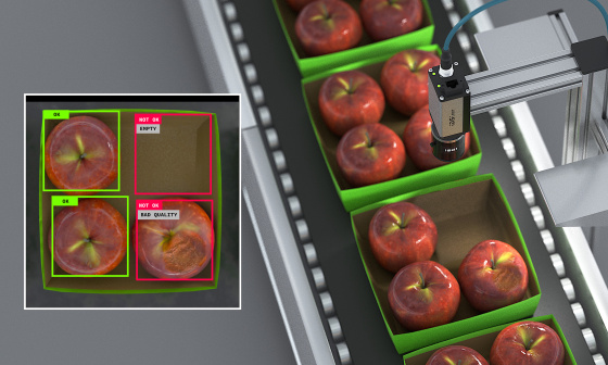 IDS NXT comprueba integridad y calidad de manzanas en cinta transportadora.