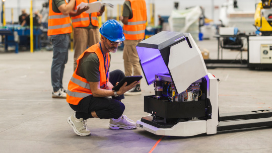 Persona inspecciona un robot móvil abierto con una tableta.