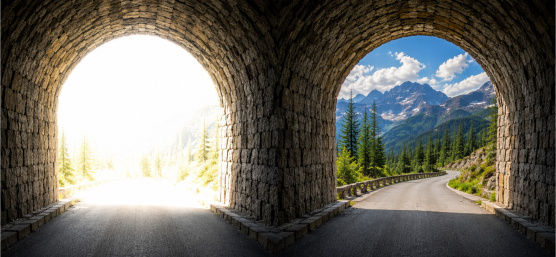 Vista desde un túnel con fondo sobreexpuesto y con HDR en comparación