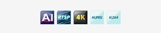 Iconos con la inscripción IA, RTSP, 4K, MJPEG, H264