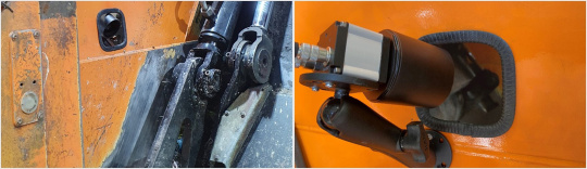Una robusta cámara industrial uEye FA observa el recolector de un camión de recogida de basuras.