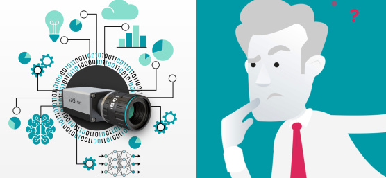 Combinación de una imagen realista de una cámara industrial IDS NXT con elementos gráficos para el tratamiento de datos y un dibujo estilizado y reflexivo de una persona.