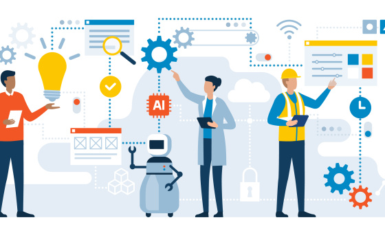 Representación gráfica de dos personas y un robot, muchos símbolos diferentes como IA, WLAN o engranajes