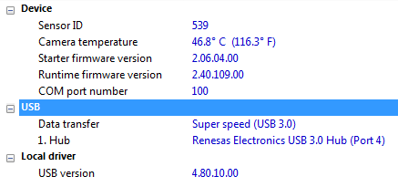 El IDS Camera Manager muestra los parámetros de conexión USB de una cámara.