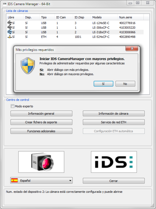 Captura de pantalla de IDS Camera Manager con ventana emergente «Se ha solicitado acceso administrativo».