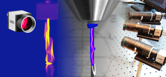 Montaje de descarga de plasma y montaje de laboratorio con cámaras IDS sobre una mesa óptica
