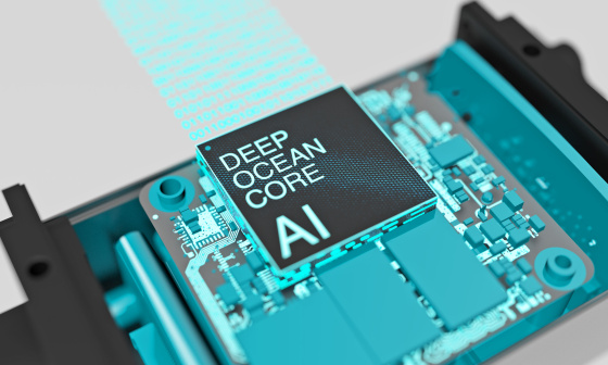 Un chip con DEEP OCEAN CORE AI escrito en él se destaca en la placa de circuito